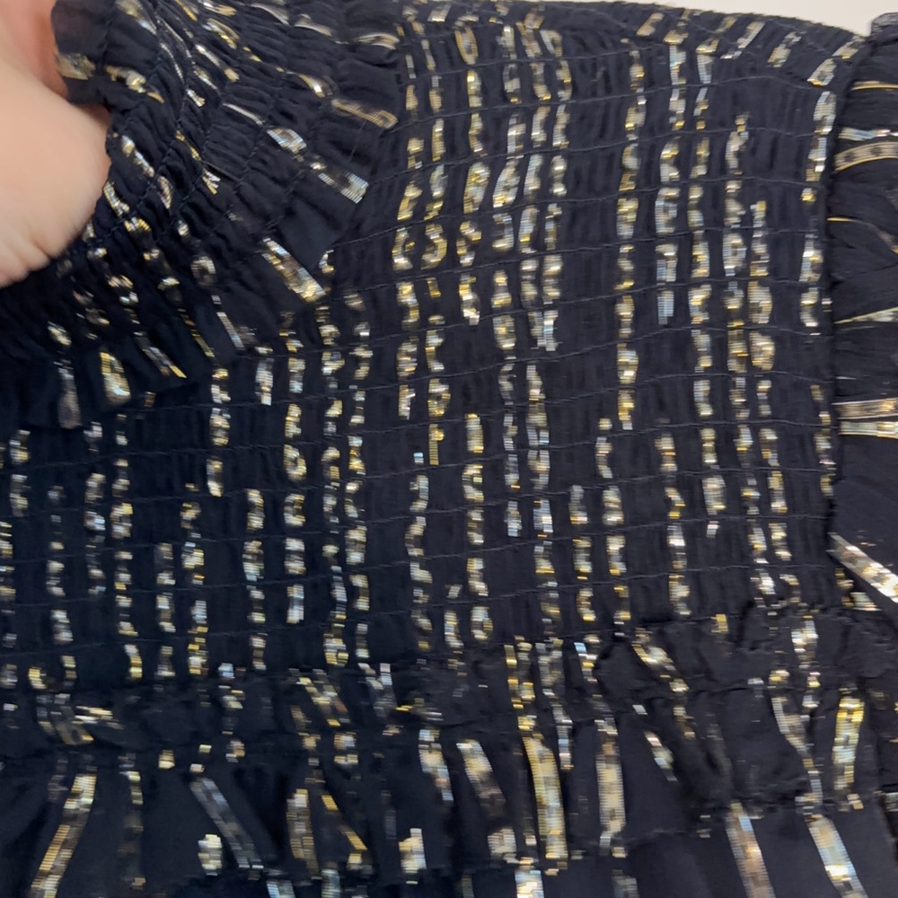Elie Tahari Black & Gold 🐝 metallic ribbon bib Blouse - Picture 4 of 13